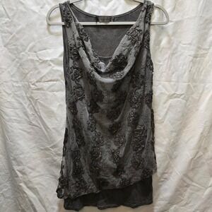 Kosmika Gray Sleeveless Top Floral Applique Cowl Neck Italy Small Asymmetric Y2K